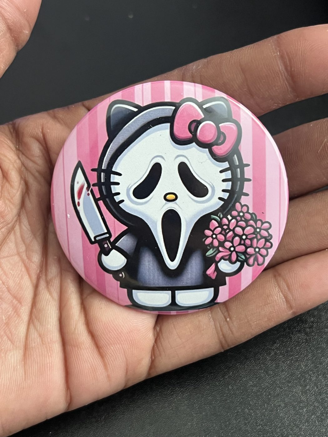Hello Kitty Ghostface Knife and Flowers 2 inch Button