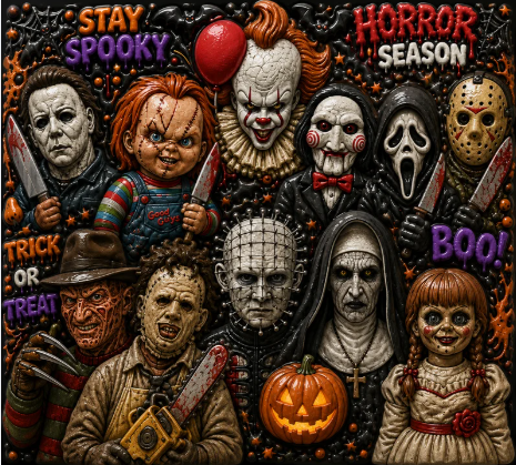 A Halloween-themed collage featuring multiple horror movie villains and monsters, including Pennywise, Chucky, Michael Myers, Jason Voorhees, Sally, Annabelle, Billy the Puppet, Freddy Krueger, and others, with text reading 'HORROR SEASON', 'STAY SPookTY', 'BOOKE', and 'TRICK OR TREAT'.