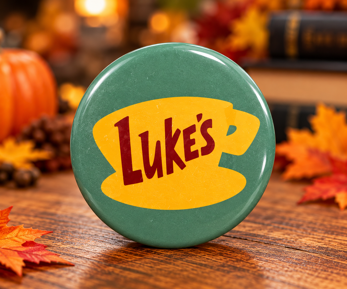 Luke's Diner Coffee Cup 2 inch Button, Stars Hollow Green